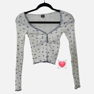 White and Blue Floral Women's Top